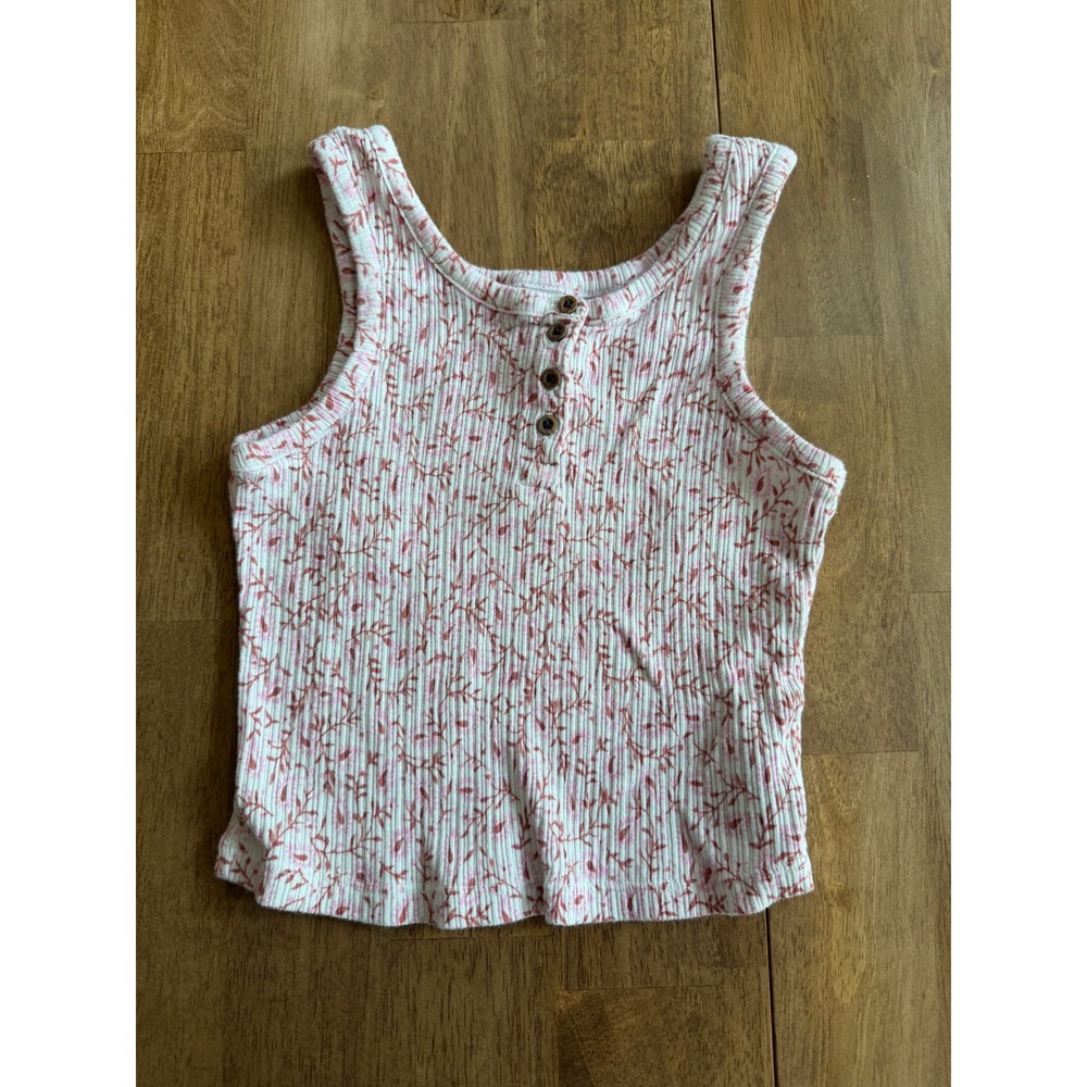 Old Navy Girls Pink Floral Ribbed Henley Tank Top Size S 6-7 Sleeveless Shirt